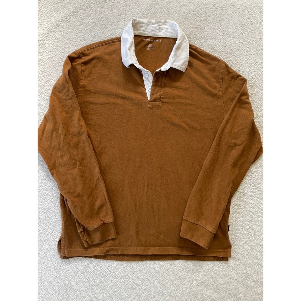 American Eagle Mens Large Rugby Shirt Brown Corduroy Collar Long Sleeve Cotton